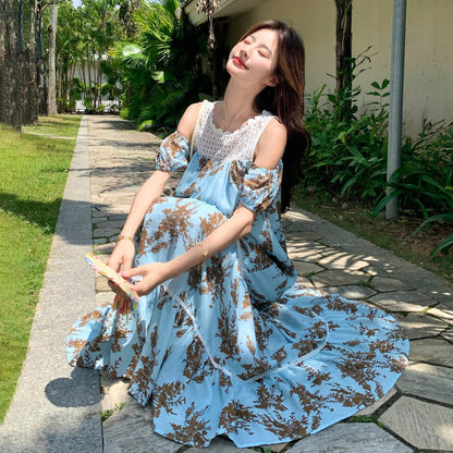 【ワンピース】リゾートワンピース レディース ブルー オフショルダー 花柄プリント レース切替 ロング丈 上品【SHシリーズ】