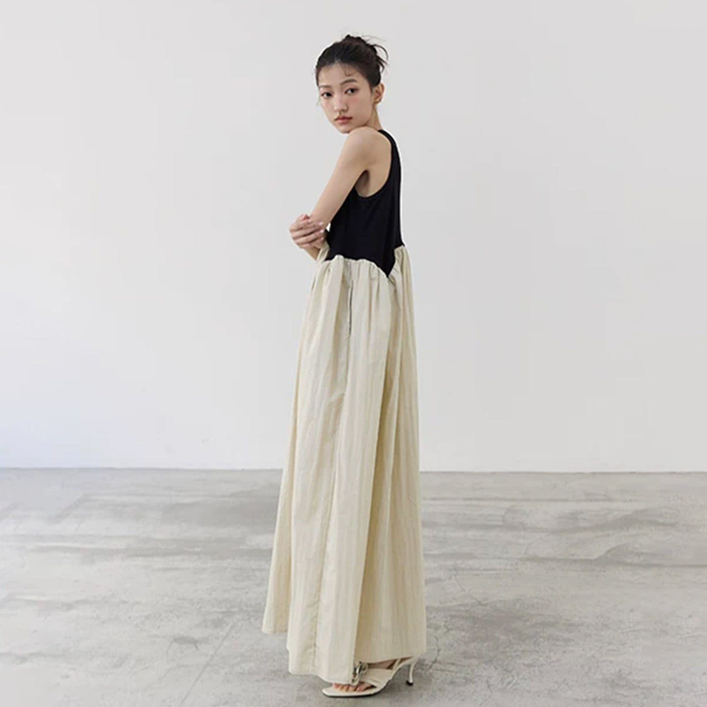 【ワンピース】レトロデザイン バイカラー アシンメトリー ノースリーブワンピース レディース 夏 キャミソール ロングドレス【SHシリーズ】