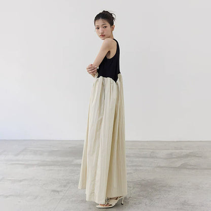 【ワンピース】レトロデザイン バイカラー アシンメトリー ノースリーブワンピース レディース 夏 キャミソール ロングドレス【SHシリーズ】