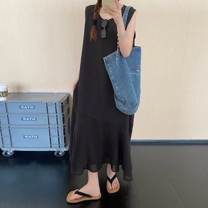 【ワンピース】フェイクレイヤードワンピース レディース 夏 ノースリーブ 重ね着風デザイン ロングワンピース こなれ感【JZシリーズ】