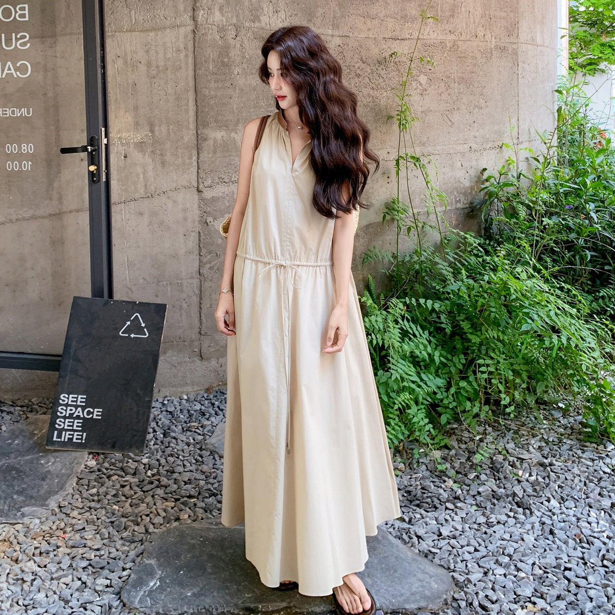 【ワンピース】Vネック ノースリーブ ワンピース レディース 夏新作 2026 きれいめ 体型カバー ロングワンピース【SHシリーズ】