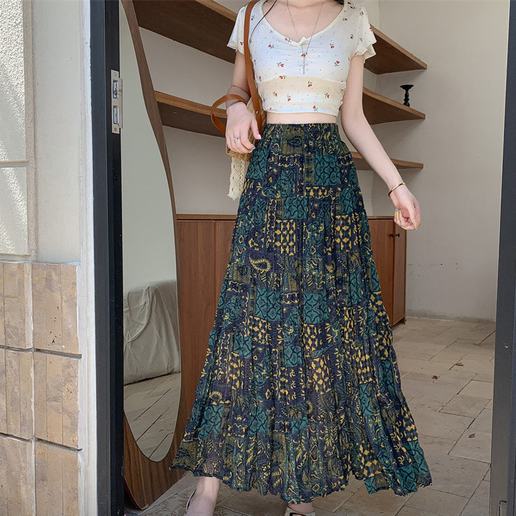 【ボトムス】ボヘミアン風 シフォンプリーツスカート レディース 夏 Aライン 体型カバー 旅行・リゾートにも最適【SHシリーズ】