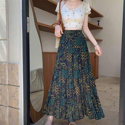 【ボトムス】ボヘミアン風 シフォンプリーツスカート レディース 夏 Aライン 体型カバー 旅行・リゾートにも最適【SHシリーズ】