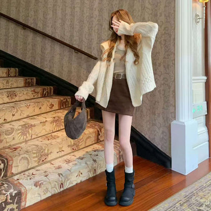 【シューズ】2丈タイプ レトロ丸トゥ 太ヒール ベルト ミドルライダーブーツ