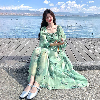 【ワンピース】超美 春夏秋 高級感 フリル付き プリント 長袖ワンピース【SHシリーズ】