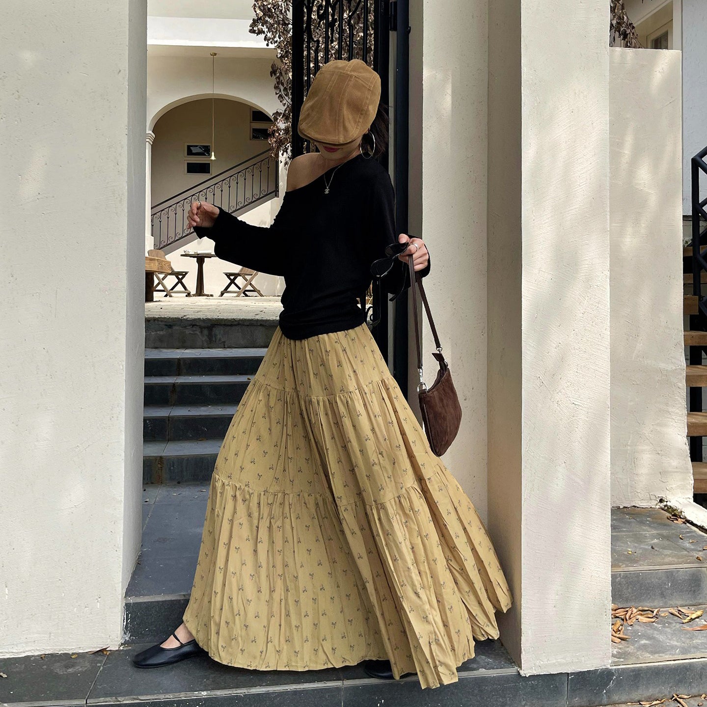 【ボトムス】初秋新作 レトロ ハイウエスト ゆったり見え スリム効果 切り替え シフォン 花柄スカート【SHシリーズ】