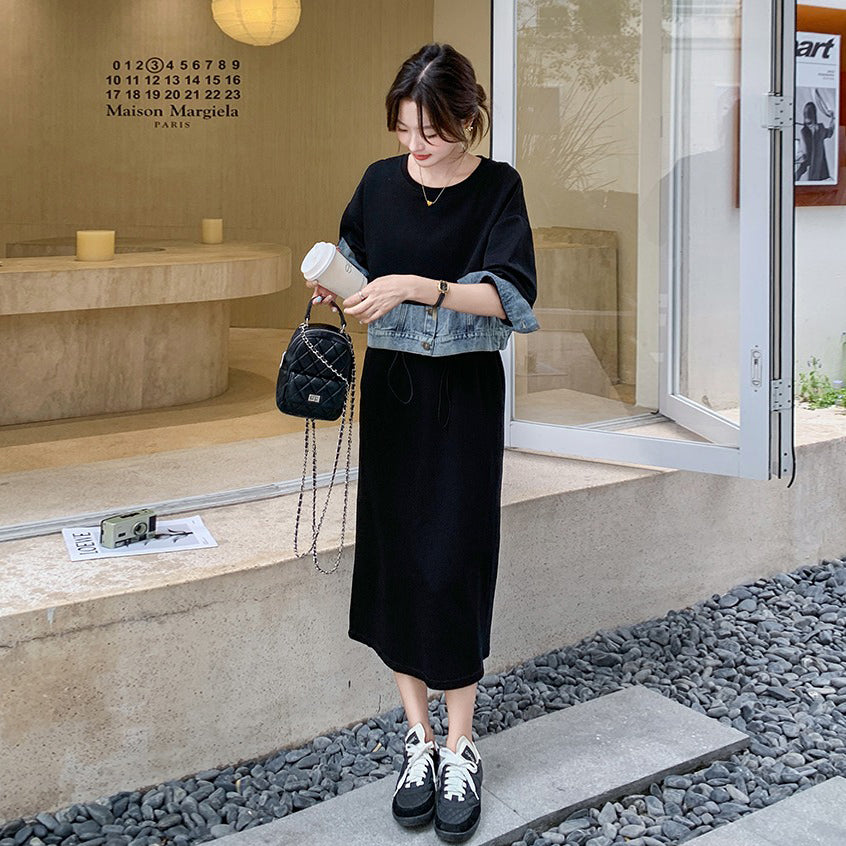 【ワンピース】 春秋 韓国風カジュアル デニム切り替え風フェイクレイヤード 長袖ワンピース レディース 【JZシリーズ】