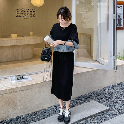 【ワンピース】 春秋 韓国風カジュアル デニム切り替え風フェイクレイヤード 長袖ワンピース レディース 【JZシリーズ】