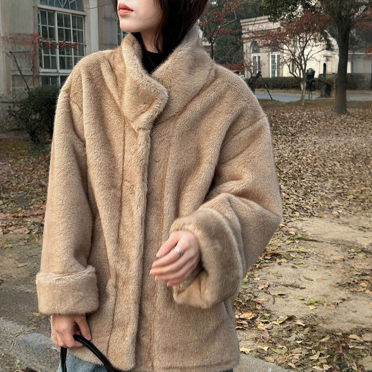 【アウター】エコミンク風ファー 春 秋 冬 立ち襟 フェイクファー スエード調裏地 もこもこ コート 【JZシリーズ】
