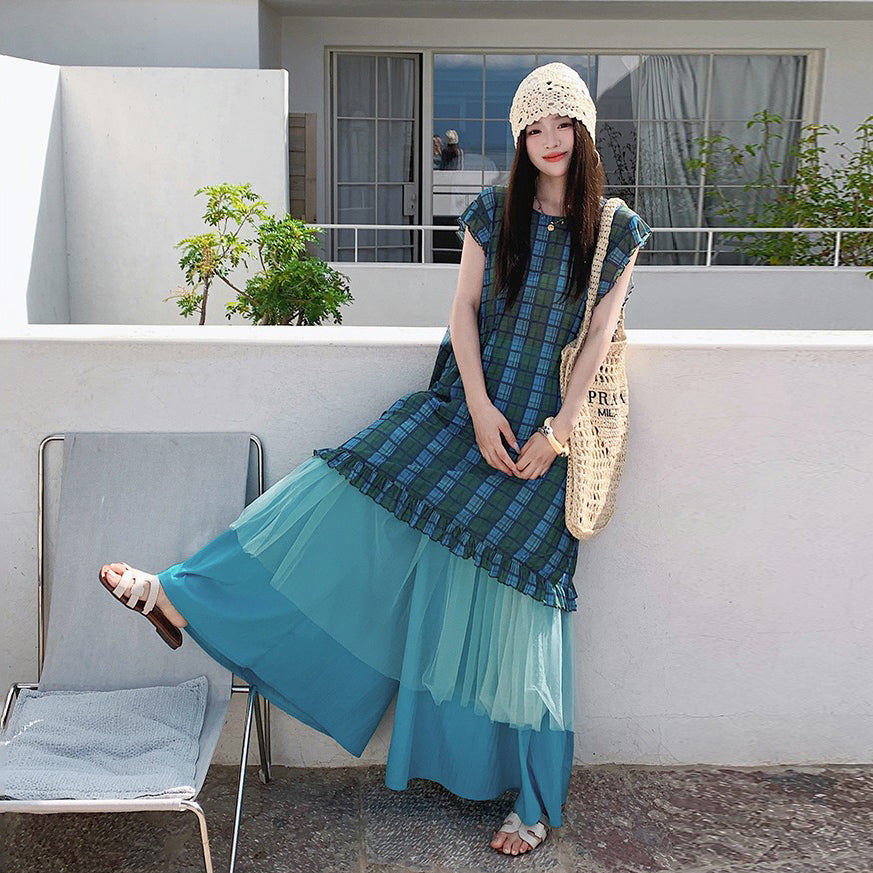 2点セット！【セットアップ】配色チェック柄ベストワンピース＋ワイドパンツセットアップ 2点セット【SHシリーズ】