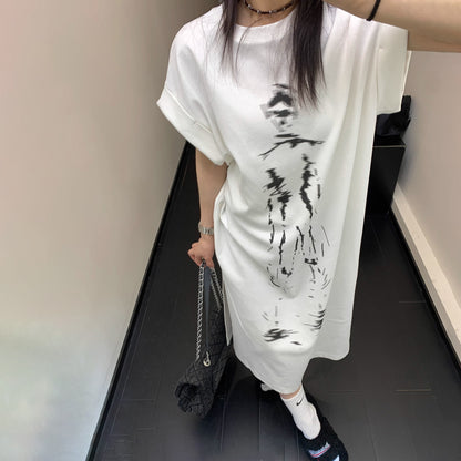 【ワンピース】夏新作 ミステリアス人物アート ロング丈 半袖 Tシャツワンピース【FCシリーズ】