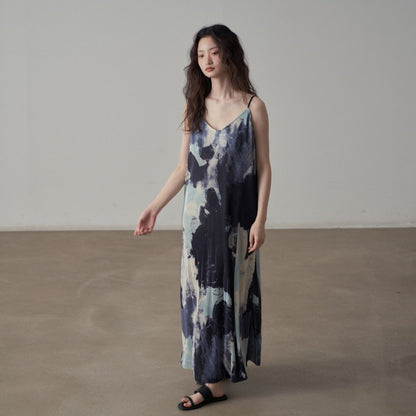 【ワンピース】フレンチヴィンテージ水墨画プリント・ゆったりカジュアル・ノースリーブワンピース【SHシリーズ】