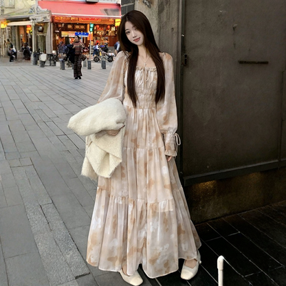 【ワンピース】フレンチ 小花柄 ウエストゴム スクエアネック 長袖 ワンピース 【SHシリーズ】