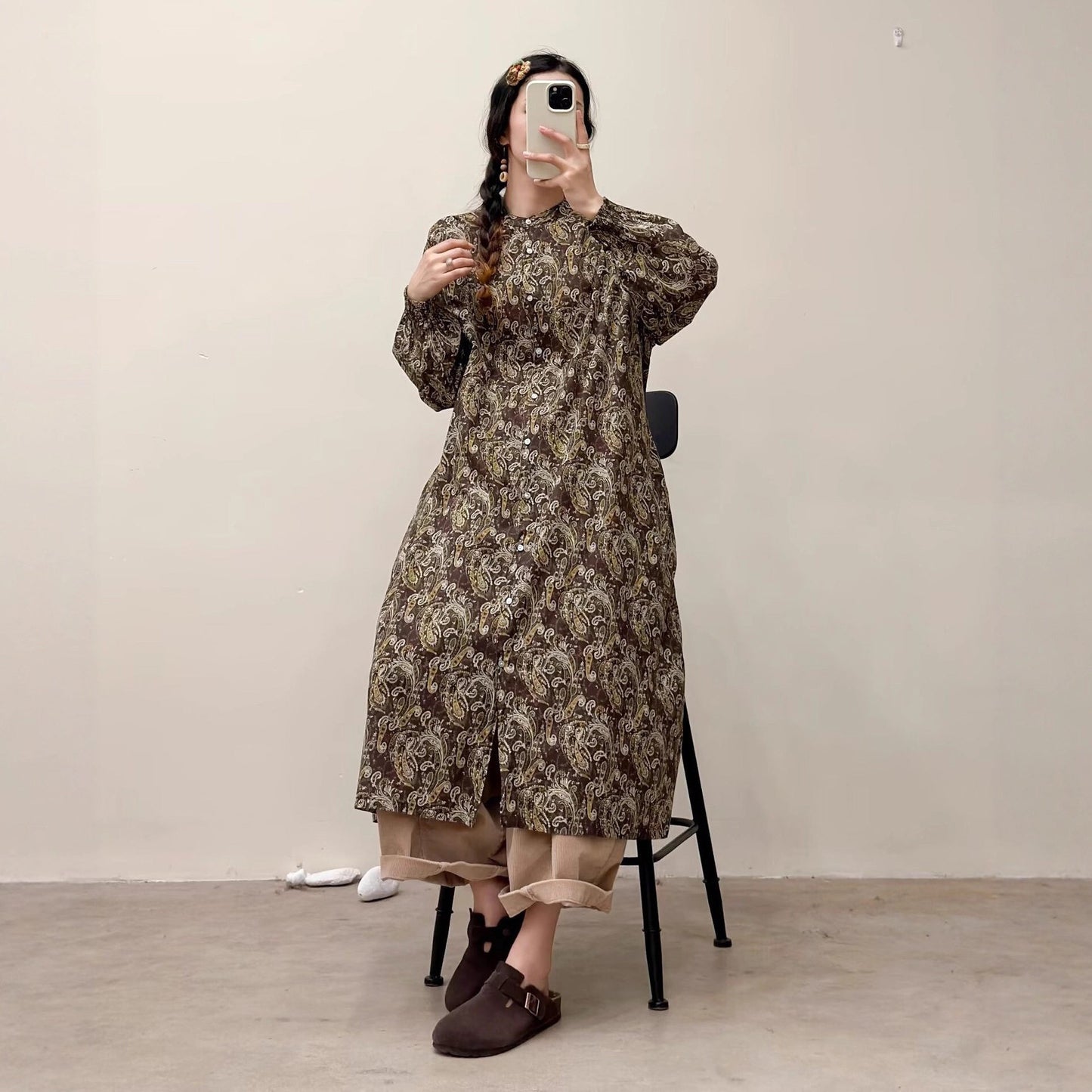 選べる7柄！【ワンピース】🎀カジュアルかわいい丸首プリントワンピース 長袖 シングルボタン 春新作 韓国風ウエストシェイプ レディース【SHシリーズ】