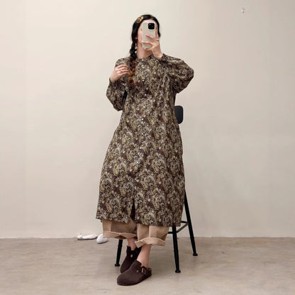 選べる7柄！【ワンピース】🎀カジュアルかわいい丸首プリントワンピース 長袖 シングルボタン 春新作 韓国風ウエストシェイプ レディース【SHシリーズ】