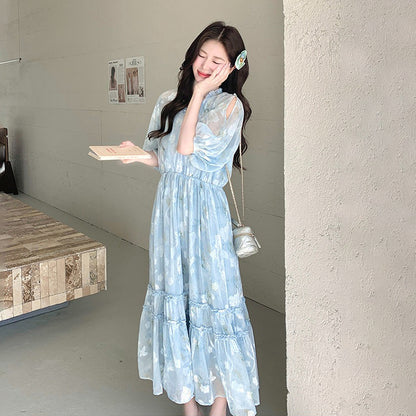 【ワンピース】フレンチ 半袖ワンピース｜オフショル 肩出し ロング丈｜韓国ファッション ウエストマーク 着痩せ 映えドレス【SHシリーズ】