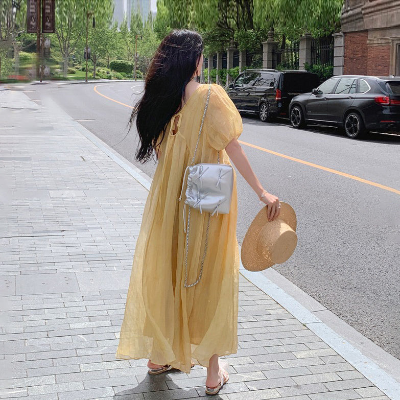 【ワンピース】フレンチ風 夏 ビーチリゾート 独特デザイン 半袖ワンピース