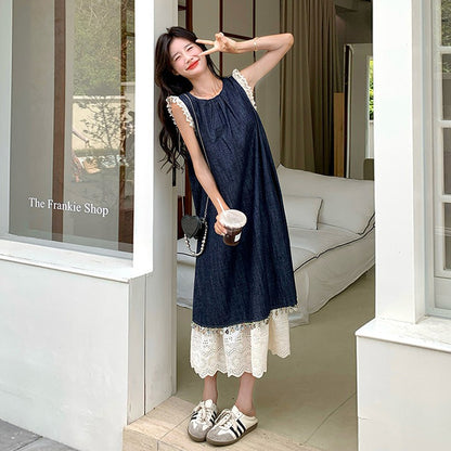 【ワンピース】夏新作 韓国風 ヴィンテージ風 スリム見え レーストリム ノースリーブ 切り替え デザイン ベストワンピース【JZシリーズ】