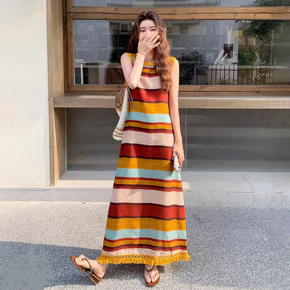 【ワンピース】韓国風ストライプ柄 ゆったりシルエット ドーパミン配色 ノースリーブワンピース【SHシリーズ】
