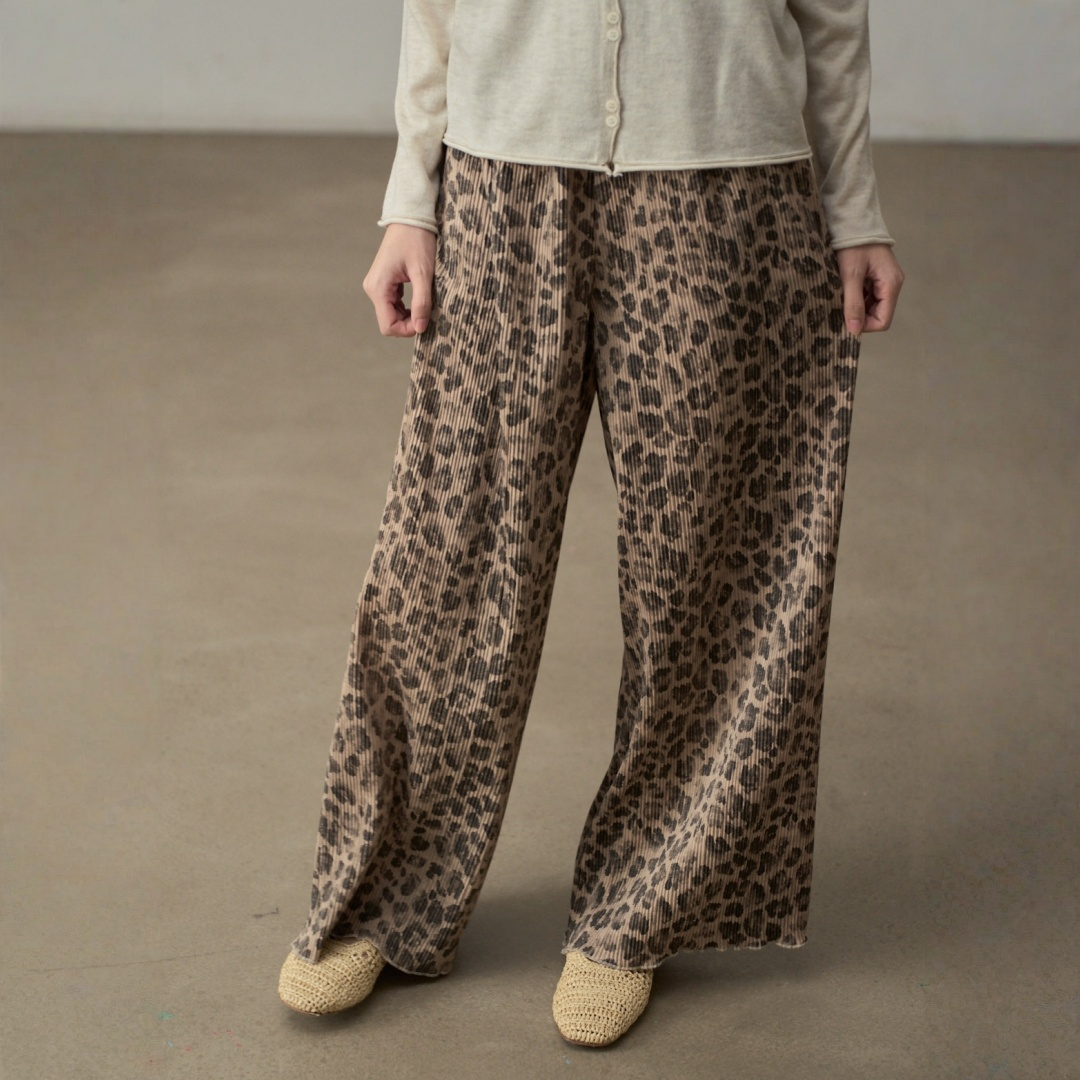 【ボトムス】落ち感 クリンクル加工 レオパード柄 美脚効果 パンツ 【SHシリーズ】