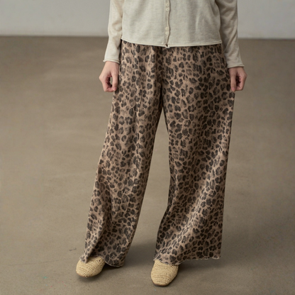 【ボトムス】落ち感 クリンクル加工 レオパード柄 美脚効果 パンツ 【SHシリーズ】