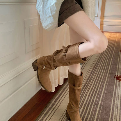 【シューズ】美脚効果 尖丸トゥ クロスベルト 太ヒール ミドルブーツ