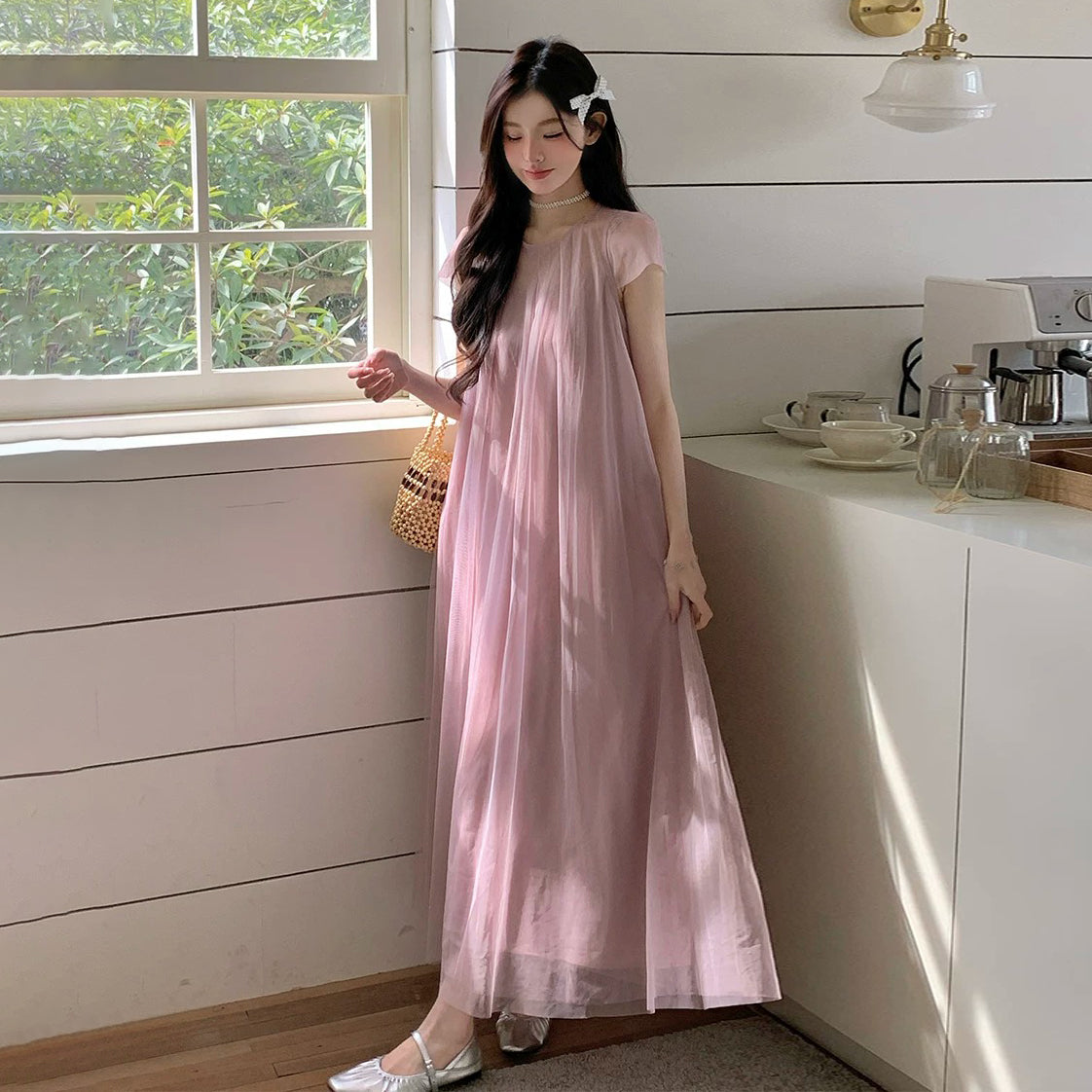 【ワンピース】大人可愛い ピンク チュールワンピース レディース 夏 半袖 上品 2点セット シアー ロング丈 フェミニンワンピース【JZシリーズ】