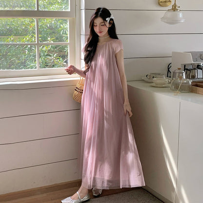 【ワンピース】大人可愛い ピンク チュールワンピース レディース 夏 半袖 上品 2点セット シアー ロング丈 フェミニンワンピース【JZシリーズ】