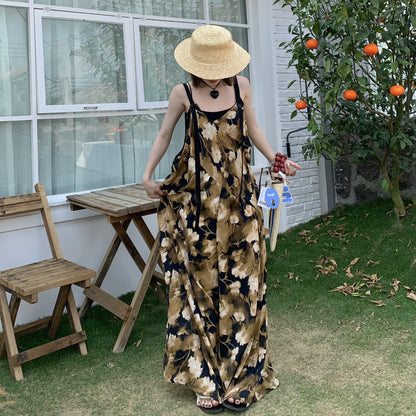 【ボトムス】夏新作 ゆったり清涼感 レトロアート染め Vネックオールインワン 気質スタイル【SHシリーズ】