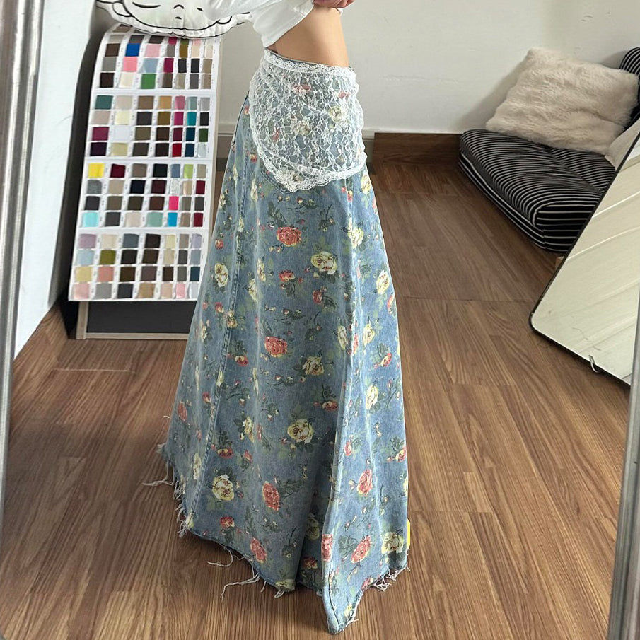 【ボトムス】花柄 アメリカンガール デザイン感 総柄フラワー デニムスカート ヴィンテージ ロング丈 着痩せ レディース【SHシリーズ】