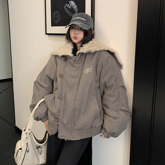 【アウター】フードファスナー開閉OK ✅️ レトロ個性派 セーラーカラー 厚手ウール調 綿入れコート【FCシリーズ】【10~13日発送】