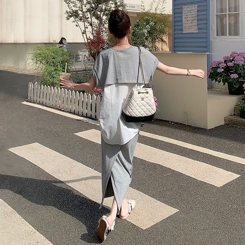 2点セット！【セットアップ】カジュアル 切り替え半袖スウェット＋スカート 上下セット レディース 夏 韓国風 ユニークで美しいコーデ【JZシリーズ】