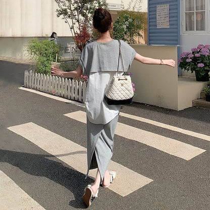 2点セット！【セットアップ】カジュアル 切り替え半袖スウェット＋スカート 上下セット レディース 夏 韓国風 ユニークで美しいコーデ【JZシリーズ】