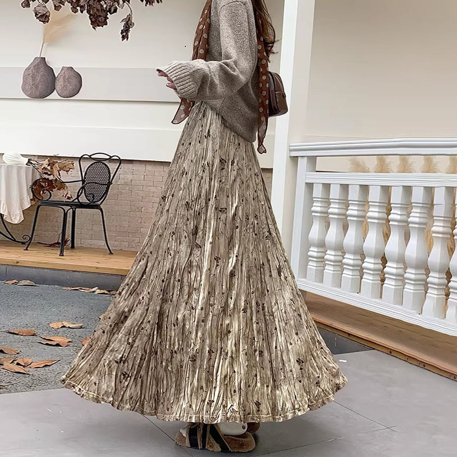 【ボトムス】レトロ 花柄 ベルベット プリーツスカート 秋冬 Aライン ヒップカバー すっきり見え エレガント ロング丈【SHシリーズ】