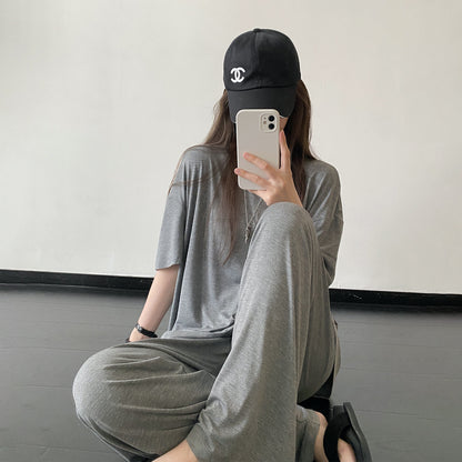 【セットアップ】【単品注文】テンセル素材 半袖Tシャツ＋ワイドパンツ 上下セット ゆったり ルーズフィット リラックス カジュアル ママコーデ 春夏【FCシリーズ】