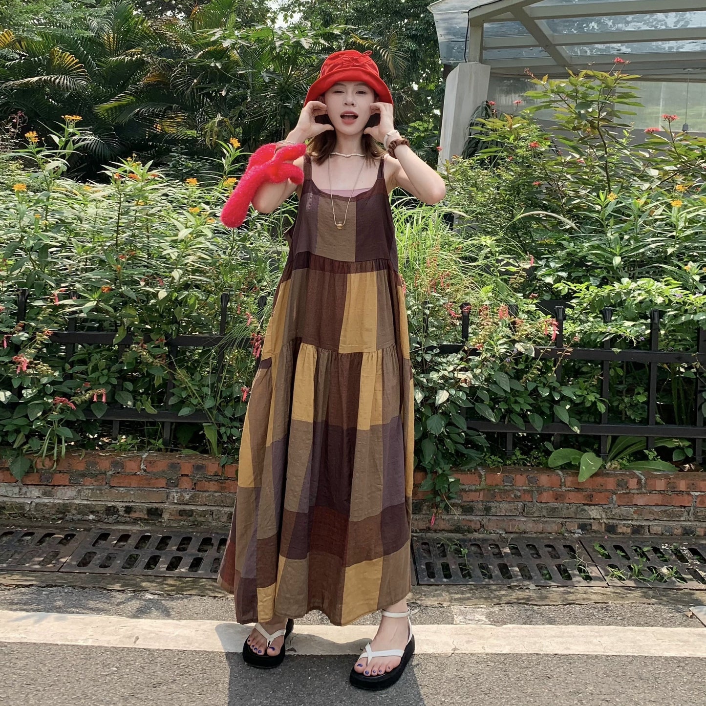 【ワンピース】夏新作 レトロ チェック柄 ゆったり カジュアル ノースリーブキャミワンピース【SHシリーズ】