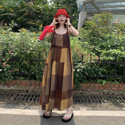 【ワンピース】夏新作 レトロ チェック柄 ゆったり カジュアル ノースリーブキャミワンピース【SHシリーズ】