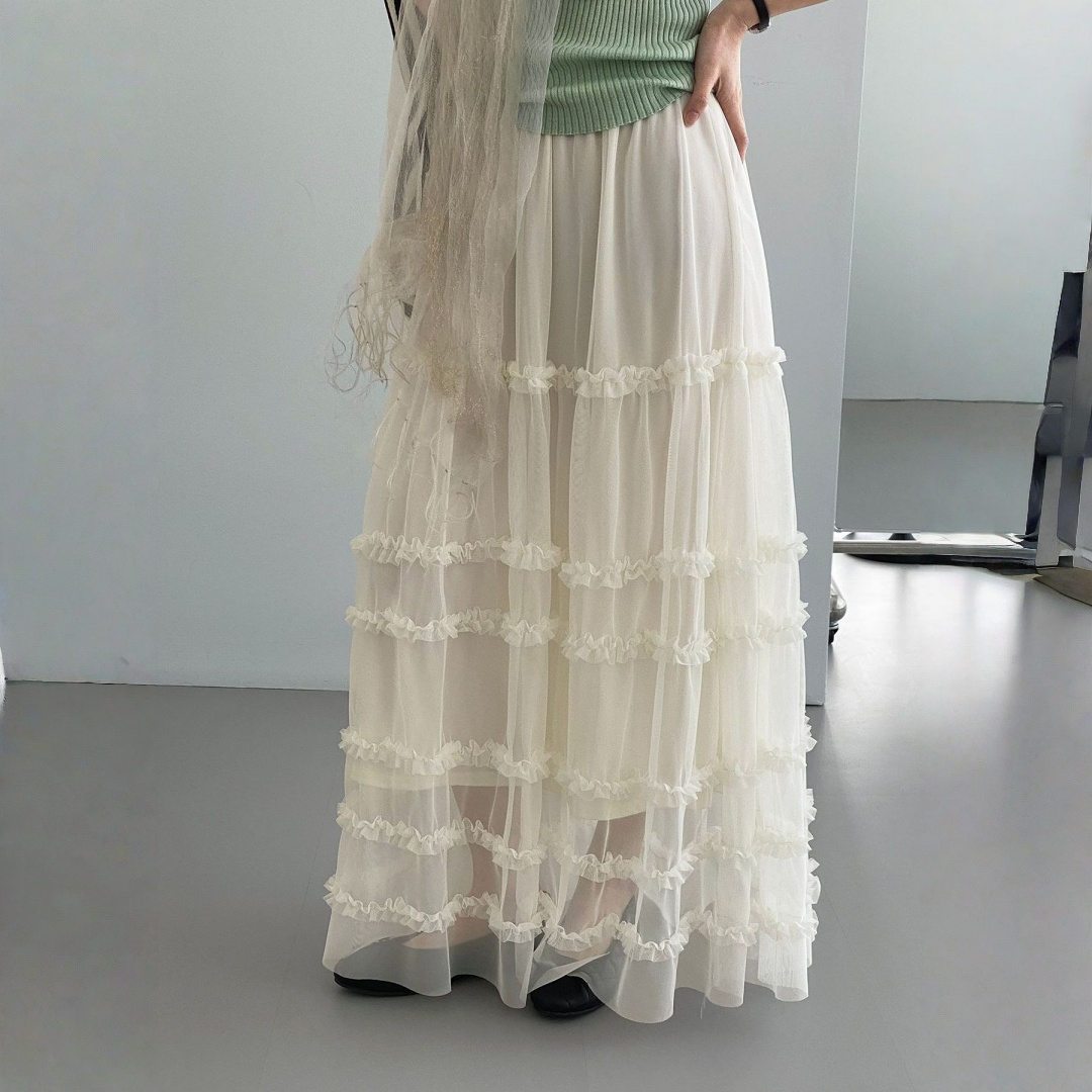 期間限定⭐️60%OFF【ボトムス】韓国風 フリル チュール切替 ロングスカート 【JZシリーズ】