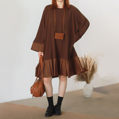 【ワンピース】香港風 クルーネック 切替 シャツ生地 大きめサイズ 長袖 ワンピース ビッグシルエット ゆったり【JZシリーズ】