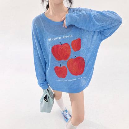 【トップス】🍎ブルーアップル柄ニットトップス レディース 秋新作 長袖 薄手 ゆったり 韓国風 Tシャツ【FCシリーズ】