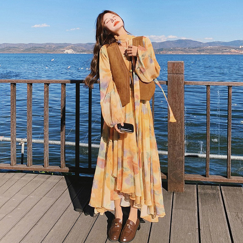 【セットアップ】ベスト付き 花柄フレア 長袖ワンピース セット 春秋 海辺リゾート 高級感【SHシリーズ】