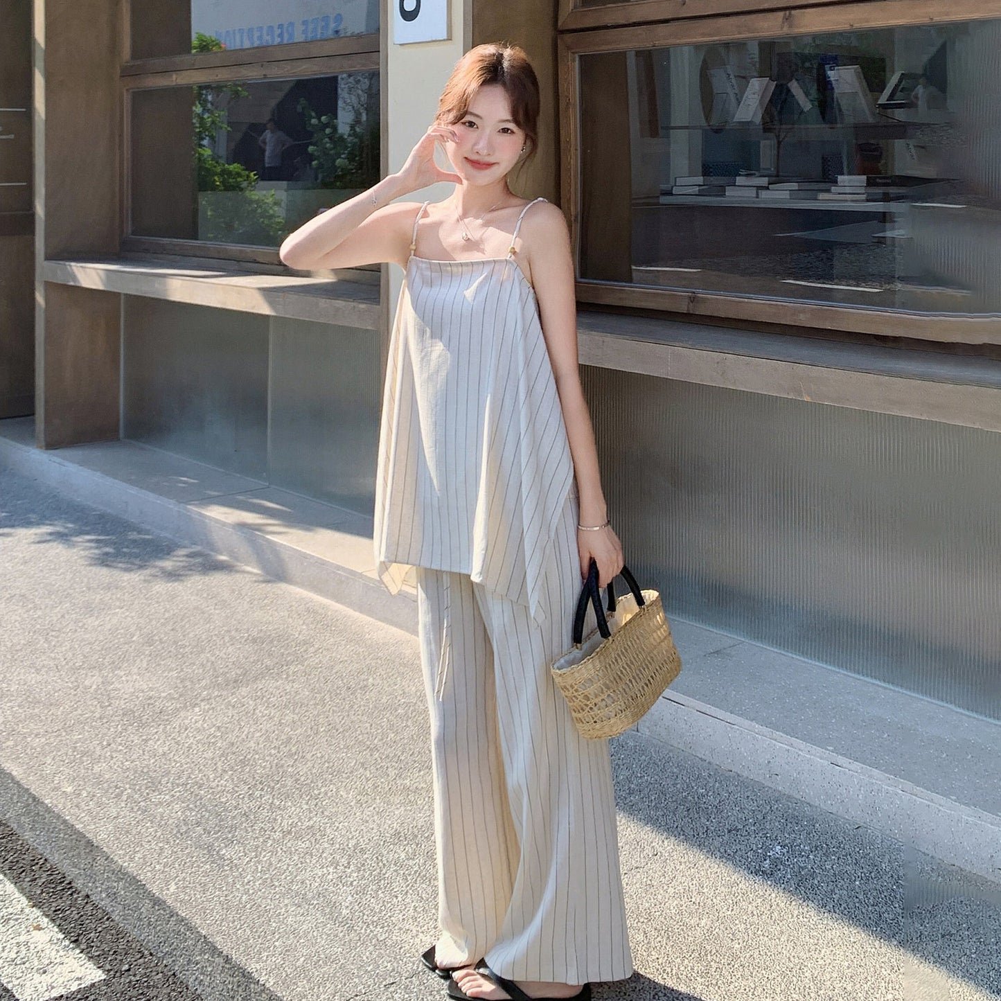 2点セット！【セットアップ】ベアトップ ストライプ ワイドパンツ 上下セット レディース 夏  ゆったり 人気 韓国コーデ【JZシリーズ】
