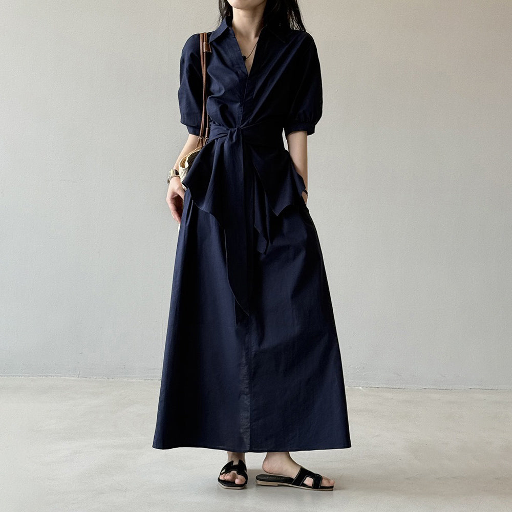 【セットアップ】フレンチエレガンス 麻素材ウエストリボンシャツ＋ミモレ丈スカート 上下セット【JZシリーズ】