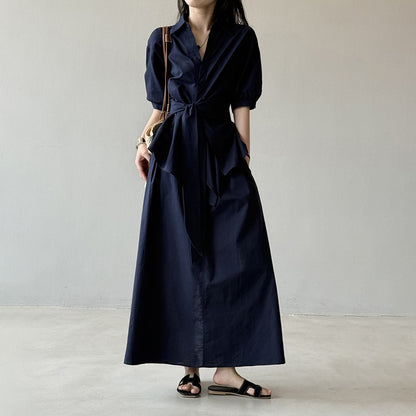 【セットアップ】フレンチエレガンス 麻素材ウエストリボンシャツ＋ミモレ丈スカート 上下セット【JZシリーズ】