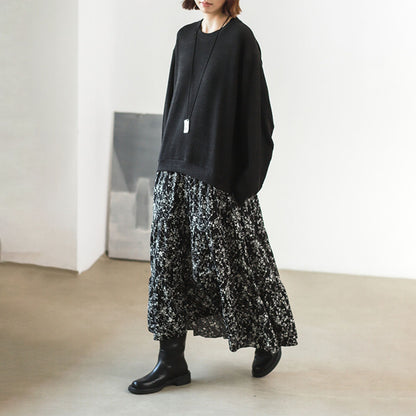 【24AW】【10～15日内発送】【ワンピース】カジュアル  ゆったり 花柄 フェイクレイヤード 長袖ワンピース