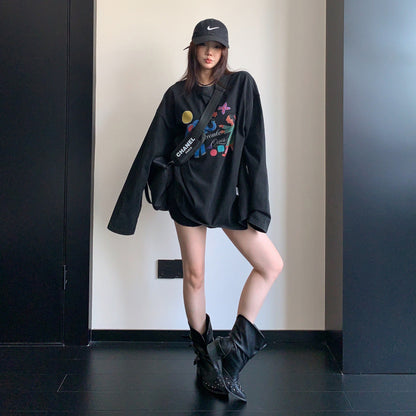 【トップス】ヴィンテージ風グラフィックロンT レディース 落書きプリント 長袖Tシャツ ゆったり ストリート【FCシリーズ】