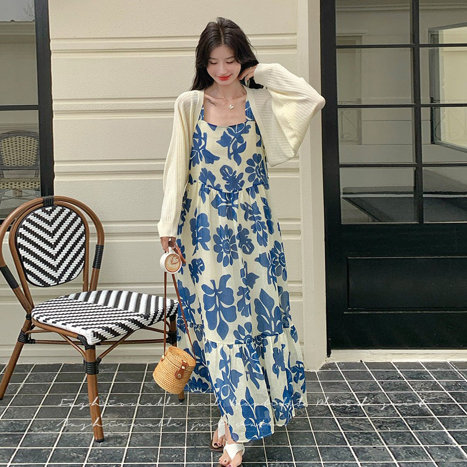 2点セット！【セットアップ】甘かわブルー花柄 ノースリーブワンピース＋UVカーデ セット レディース 夏 若見えスタイル【SHシリーズ】