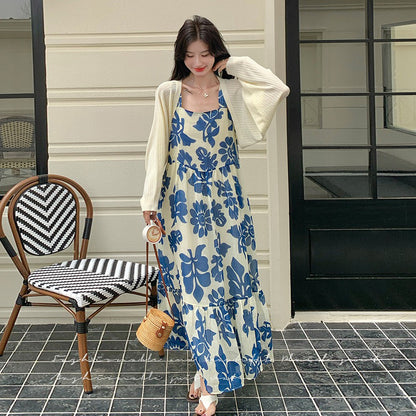 2点セット！【セットアップ】甘かわブルー花柄 ノースリーブワンピース＋UVカーデ セット レディース 夏 若見えスタイル【SHシリーズ】