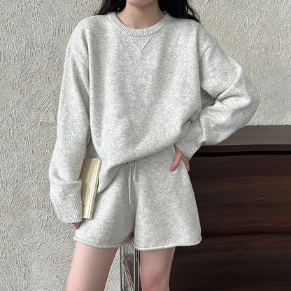 2点セット!【セットアップ】秋新作 韓国風ふんわりウール混ニットトップス＋ショートパンツ 上下セット【JZシリーズ】