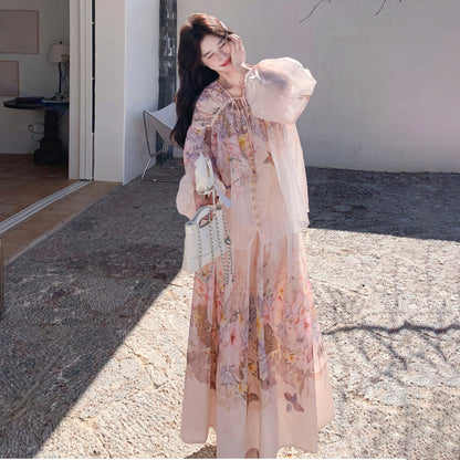 2点セット！【セットアップ】リゾートバタフライプリント 2点セット レディース パフスリーブ UVカットシャツ + ハイウエスト フレアスカート 夏 セットアップ【SHシリーズ】